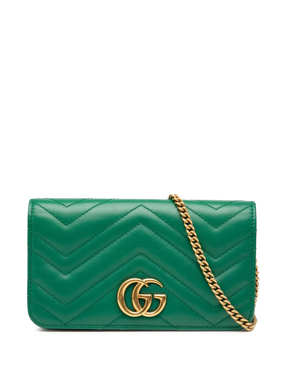 Pre-owned Gucci 2016-2025 Mini Gg Marmont Matelasse Leather Wallet On Chain Crossbody Bag In Green