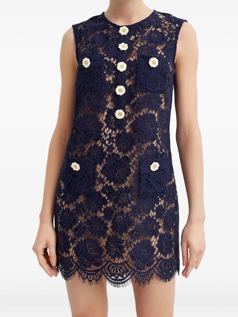 Self-portrait Flower-button Lace Mini Dress In Blue