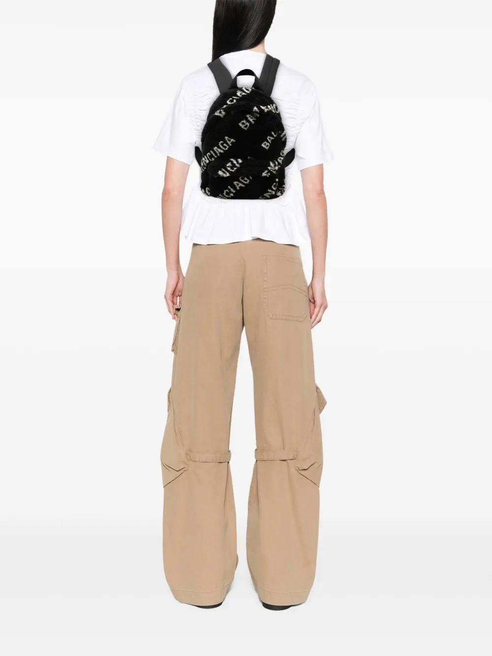 BALENCIAGA Pre-owned 2019 Small Faux Fur Diagonal Logo Everyday Backpack In Black