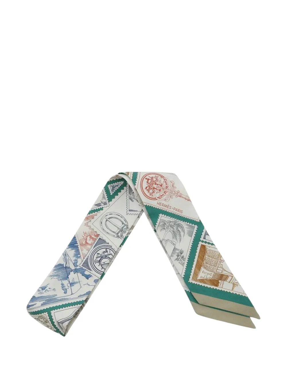 HERMES Pre-owned 2025 Le Philateliste Du Faubourg Silk Twilly Scarf Scarves In White