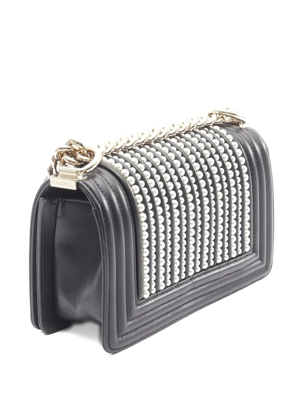 Pre-owned Chanel 2019 Small Boy Pearl-chain Shoulder Bag In Black