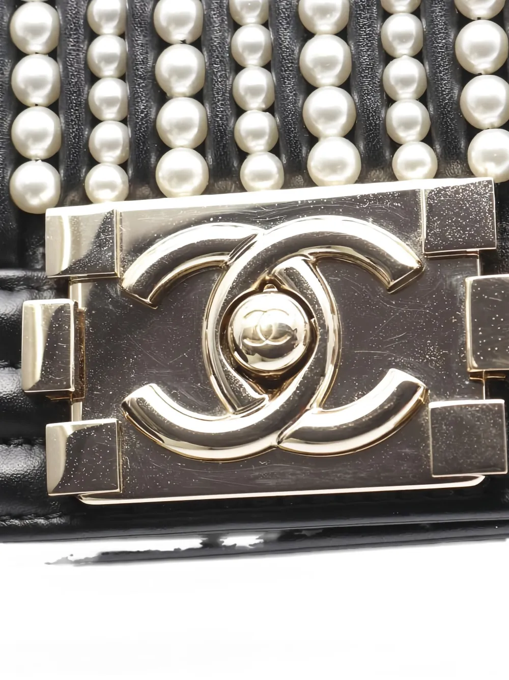 Pre-owned Chanel 2019 Small Boy Pearl-chain Shoulder Bag In Black