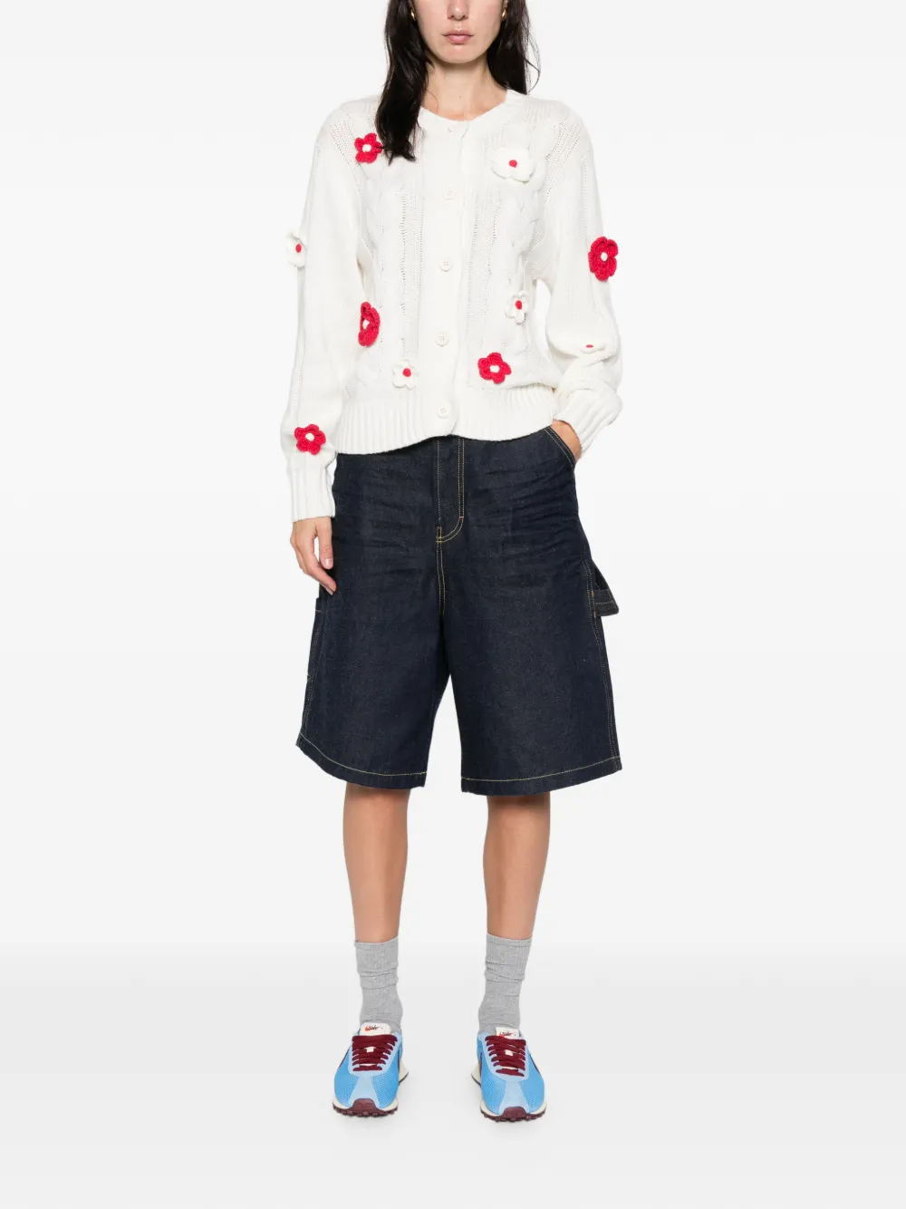 Stine Goya flower-appliqué cable-knit cardigan Wit