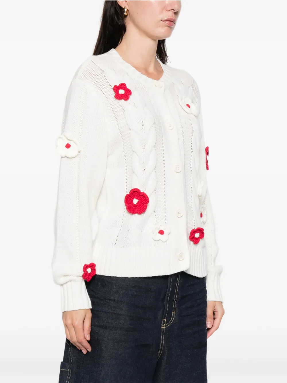Stine Goya flower-appliqué cable-knit cardigan Wit