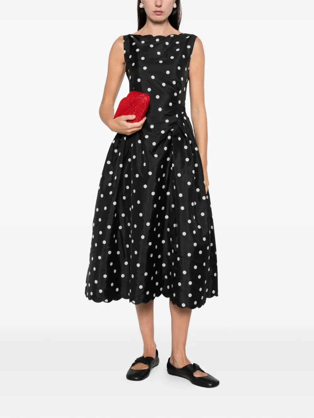Stine Goya Polka-dot Scalloped Midi Dress In Black
