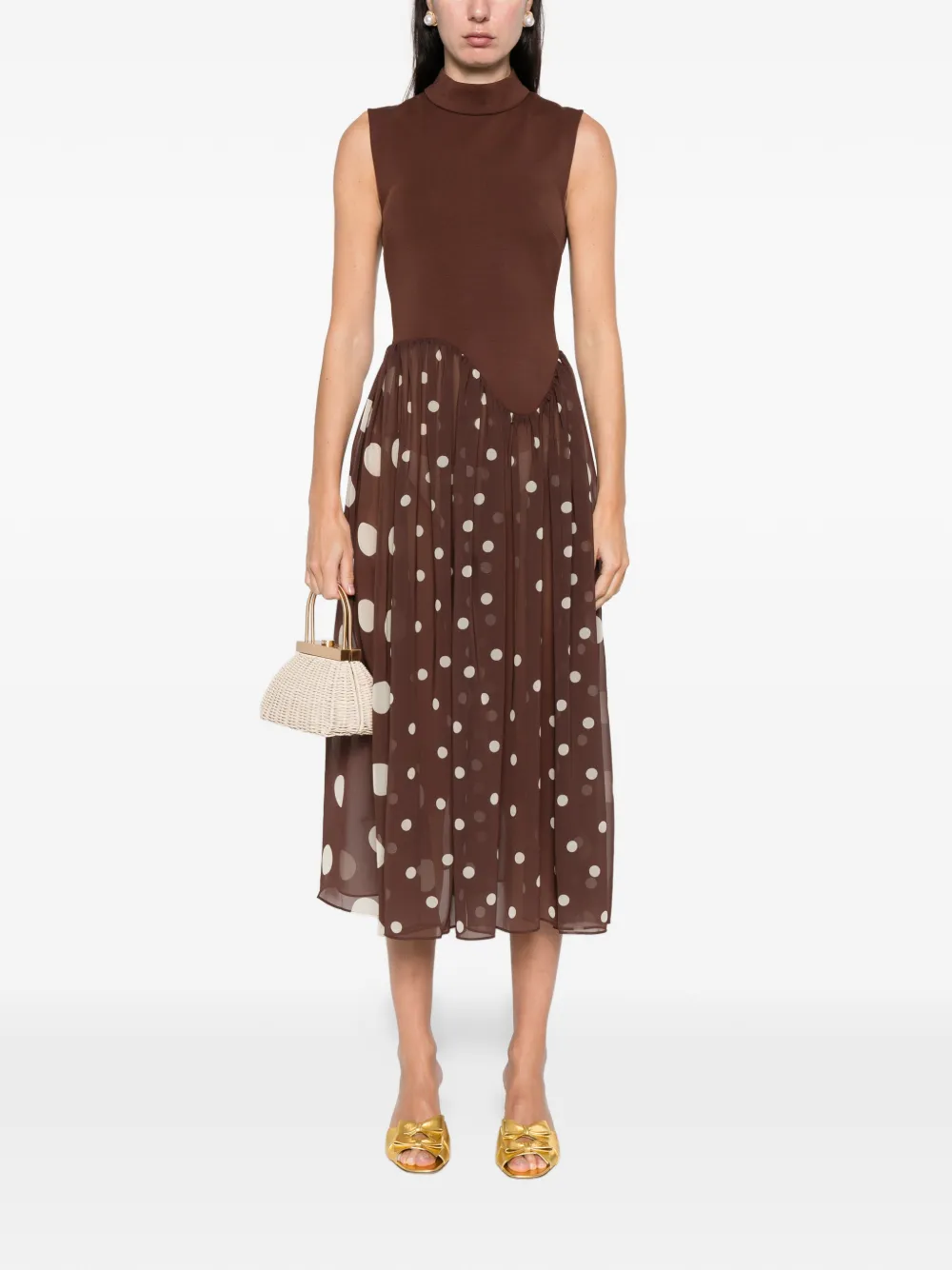 Stine Goya Polka-dot High-neck Midi Dress In Brown
