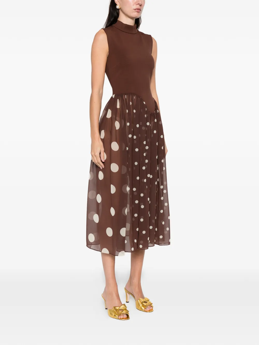 Stine Goya Polka-dot High-neck Midi Dress In Brown