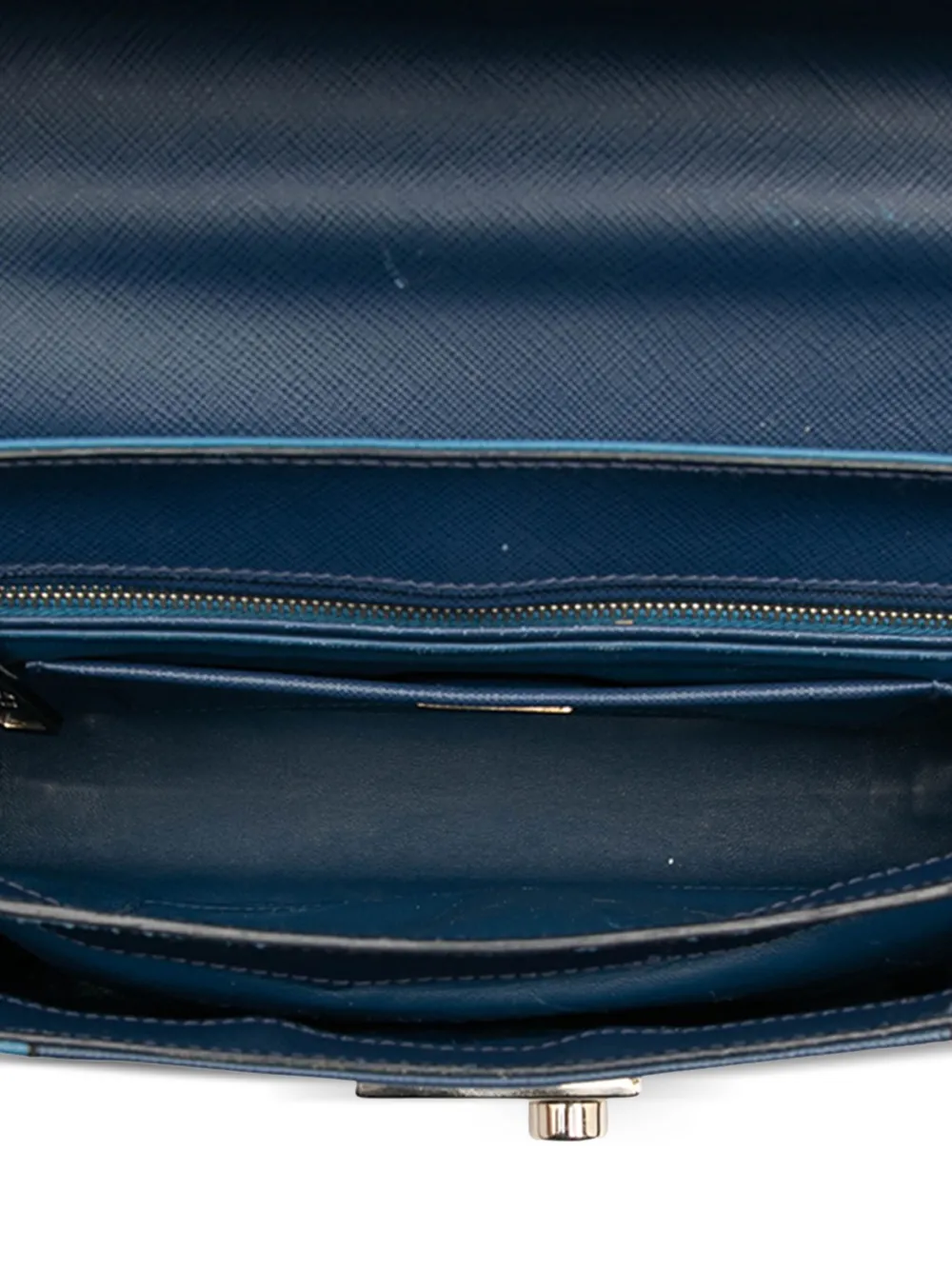 Pre-owned Prada 2013-2025 Bicolor Saffiano Sound Lock Top Handle Bag Satchel In Blue