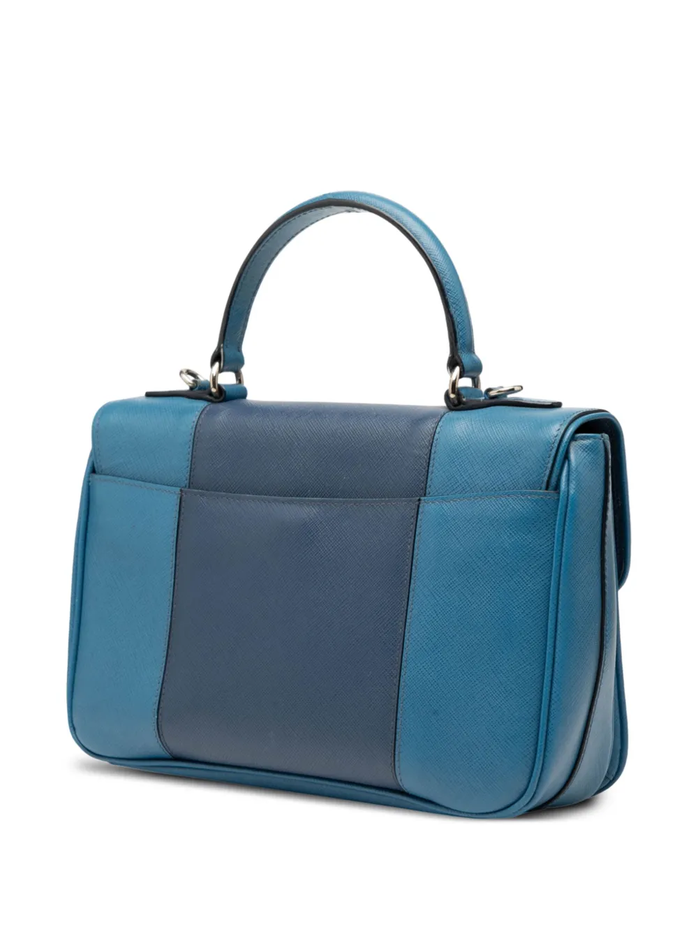 Pre-owned Prada 2013-2025 Bicolor Saffiano Sound Lock Top Handle Bag Satchel In Blue