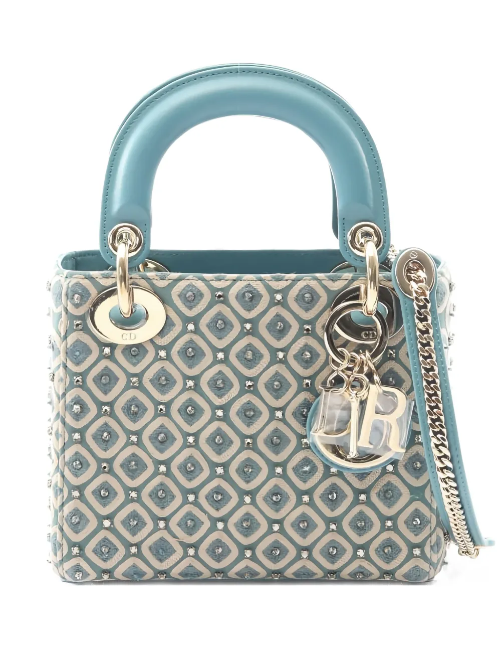 Pre-owned Dior 2010s Mini Lady  Embellished-rhinestone Pattern Tote Bag In Blue