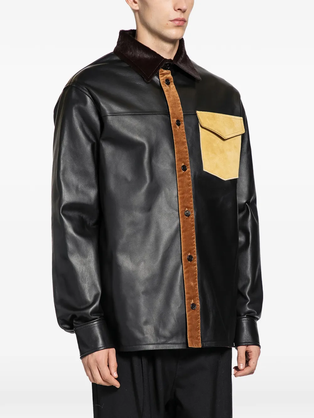 Marni fur-collar panelled leather shirt - Zwart
