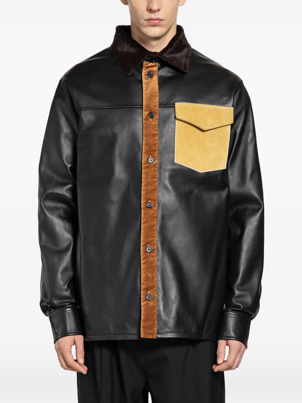 Marni fur-collar panelled leather shirt - Nero