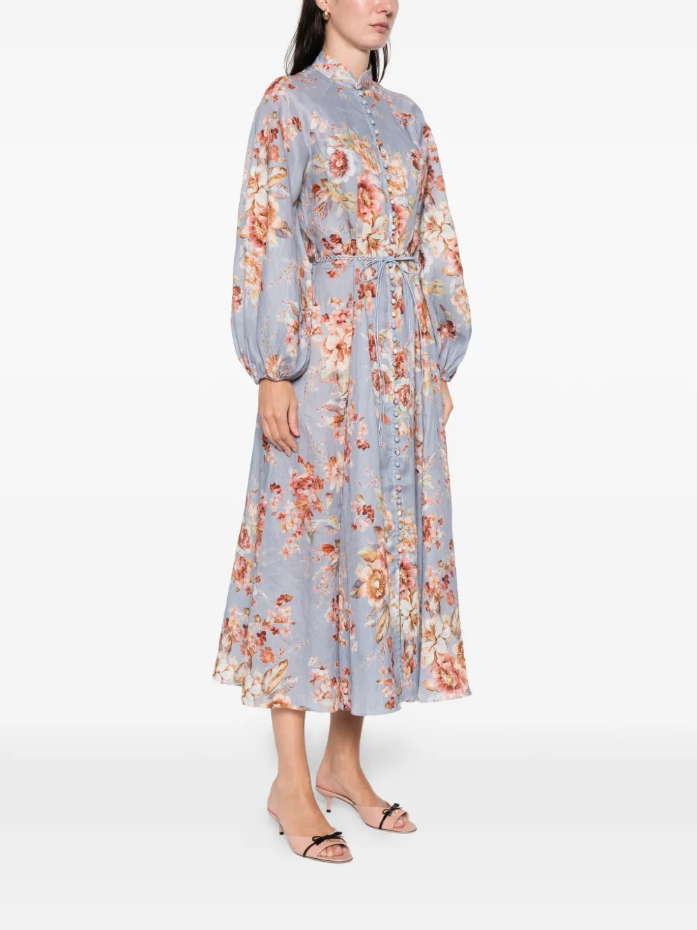 Zimmermann Womens Chambray Floral Billow Long-sleeve Linen Maxi Dress Xxs In Blue