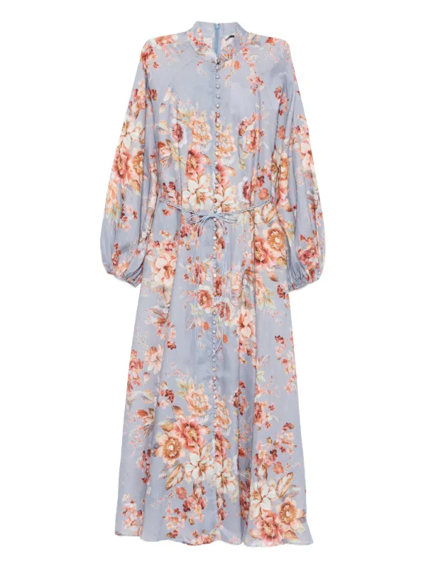 Zimmermann Awaken Billow-sleeve Floral Midi Dress in Blue