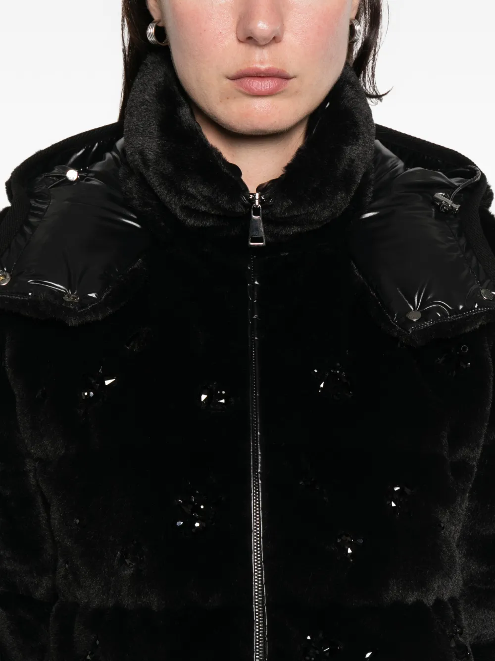 Moncler Andronne Sequin-embroidered Hooded Short Down Jacket In Black