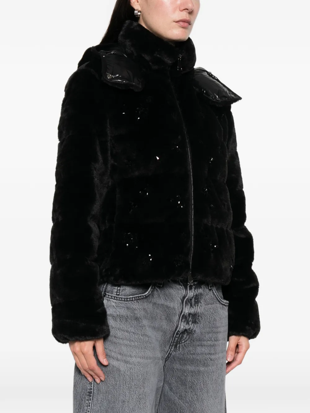 Moncler Andronne Sequin-embroidered Hooded Short Down Jacket In Black