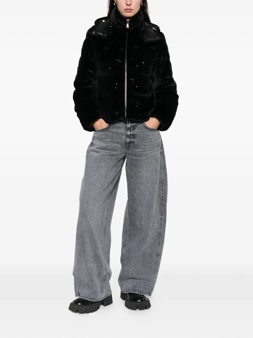 Moncler Andronne Sequin-embroidered Hooded Short Down Jacket In Black