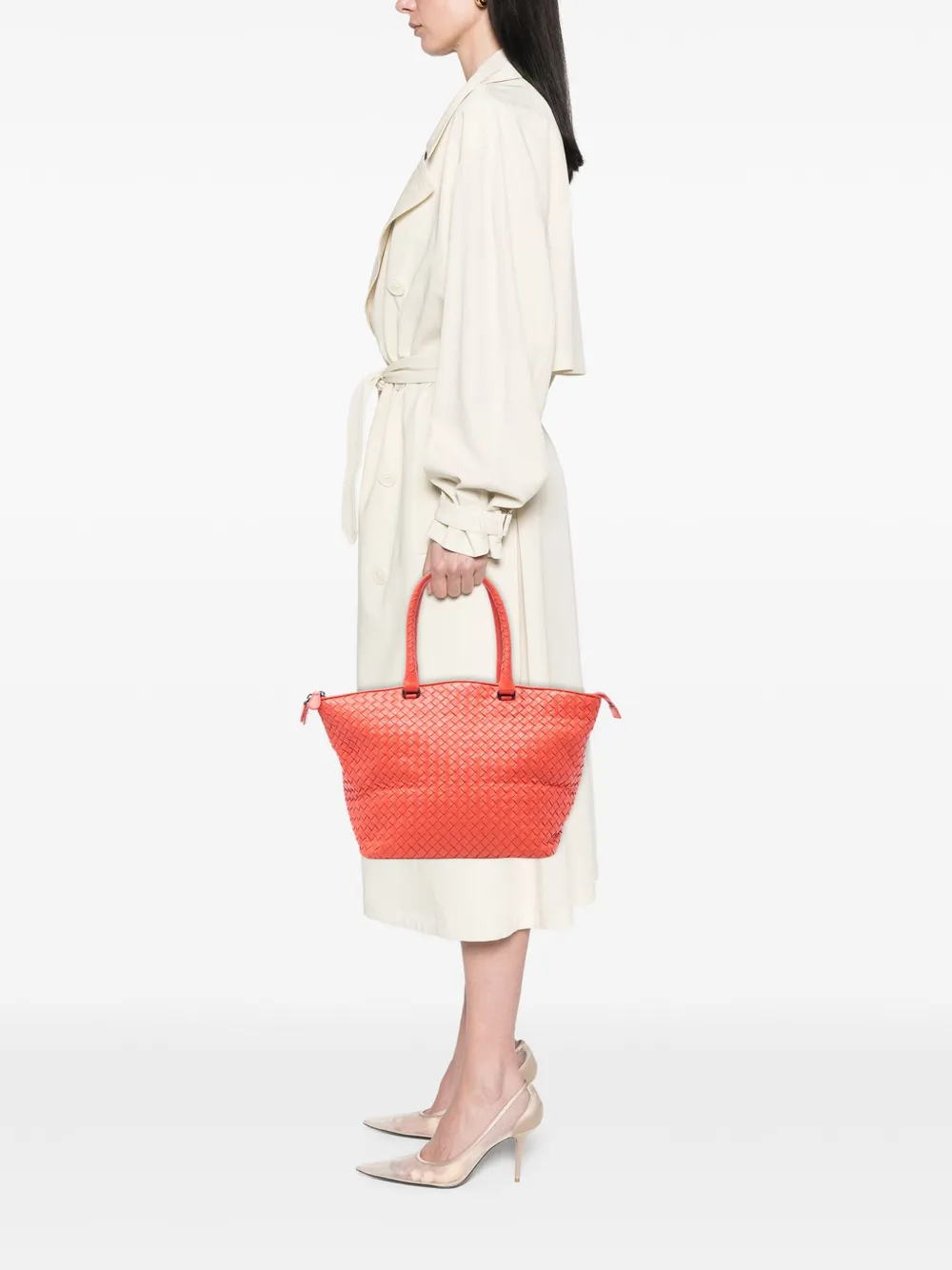 Pre-owned Bottega Veneta 2010 Nappa Intrecciato Zip Tote Bag In Red