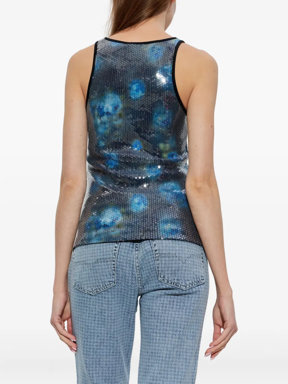 Diesel Women Floral Print And Sequins Jersey T-unky Top In Blue