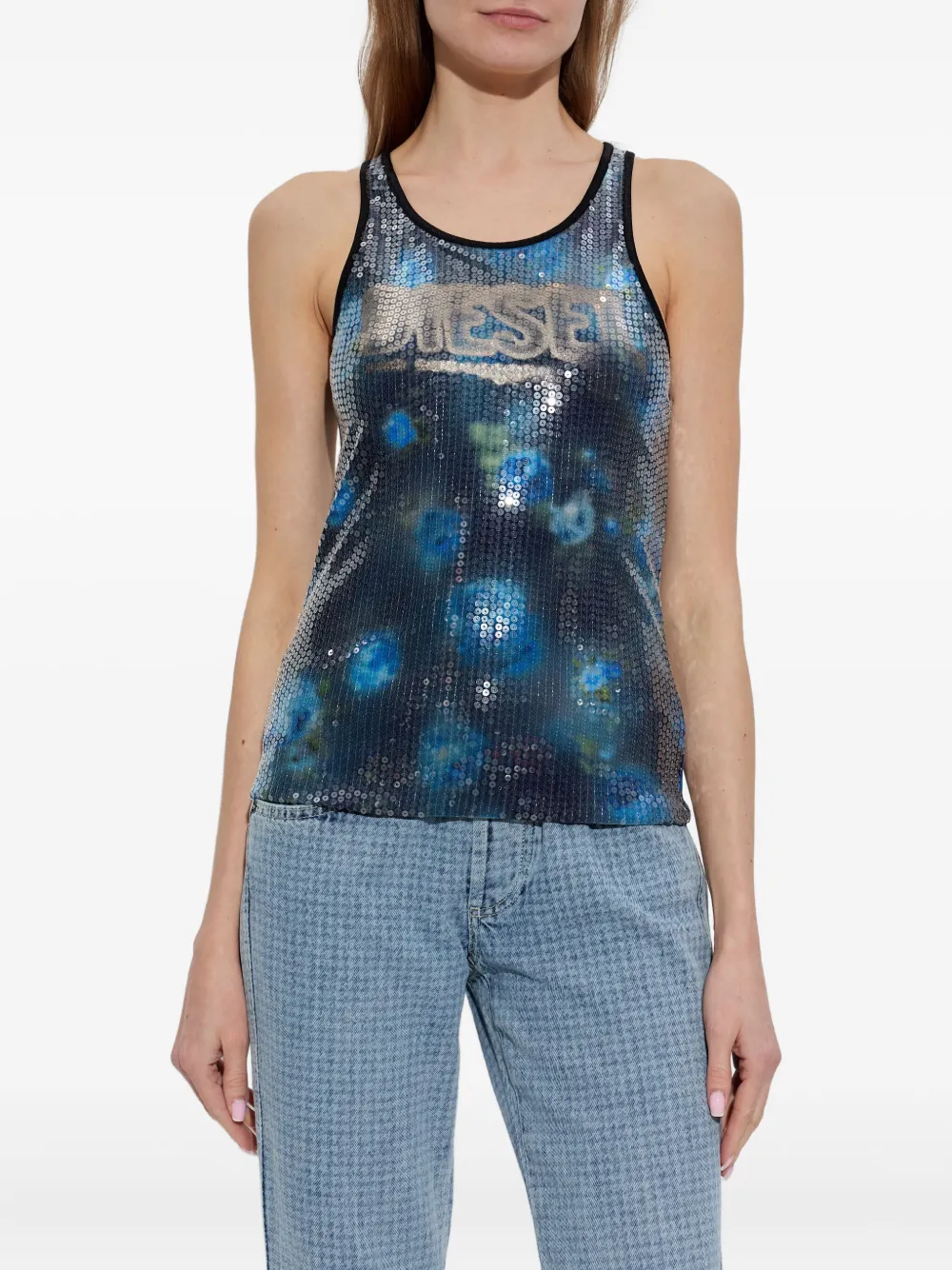 Diesel Women Floral Print And Sequins Jersey T-unky Top In Blue