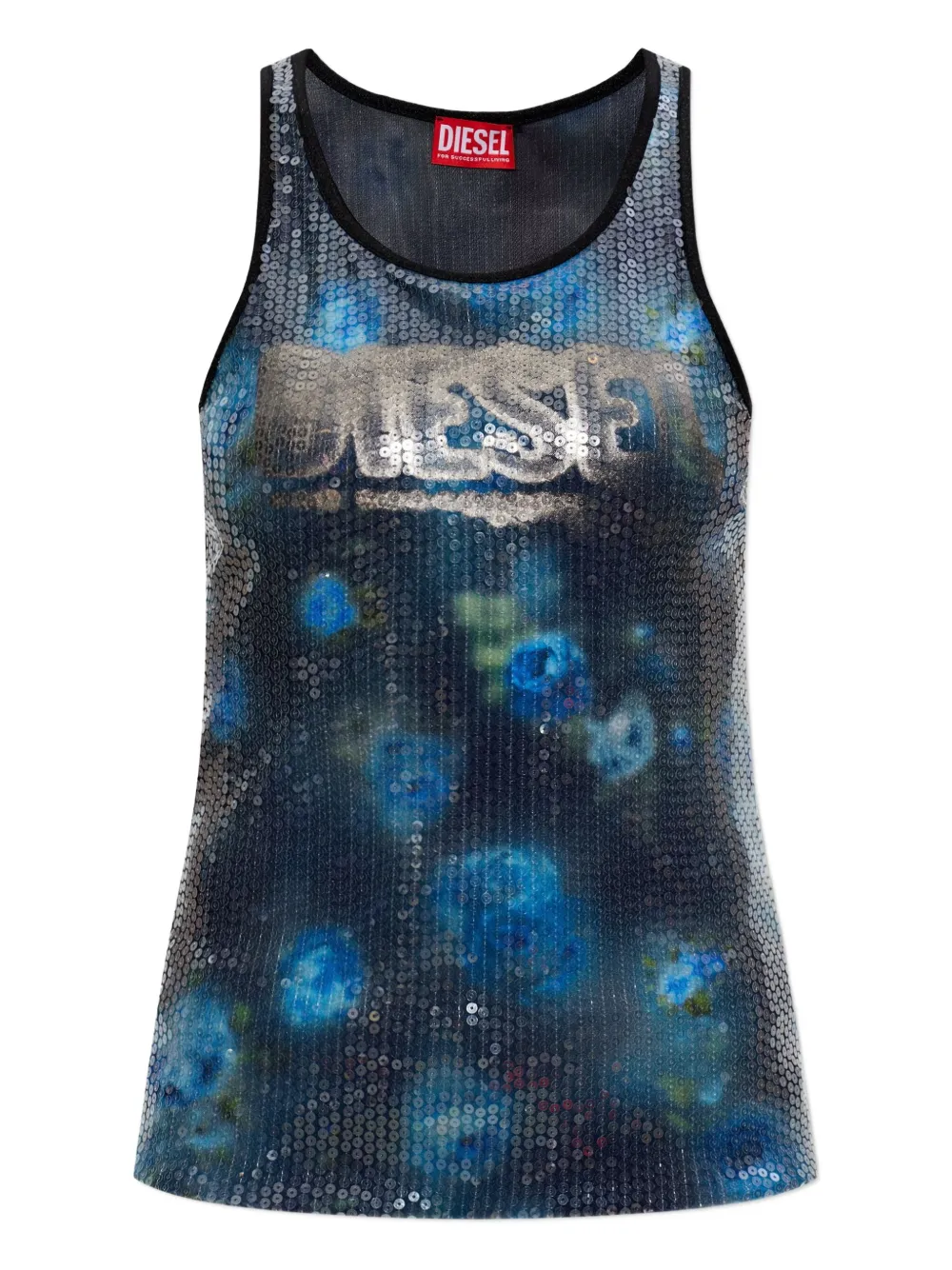 Diesel Women Floral Print And Sequins Jersey T-unky Top In Blue