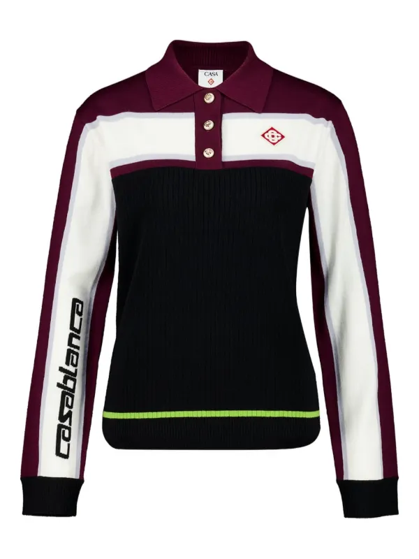 Casablanca Striped Oversized Long Sleeve Polo Shirt in Black