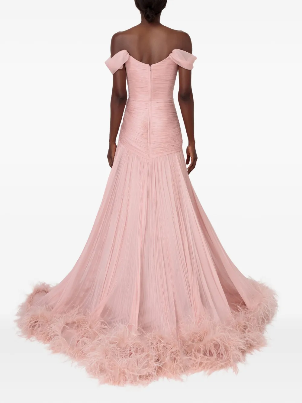 Iris Serban Petal Off-shoulder Feathered Maxi Dress In Pink