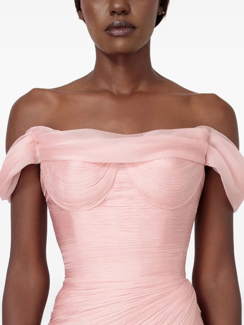 Iris Serban Petal Off-shoulder Feathered Maxi Dress In Pink