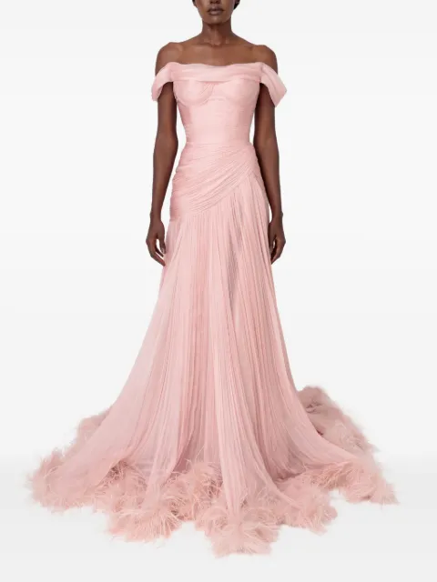 Iris Serban Petal off-shoulder feathered maxi dress