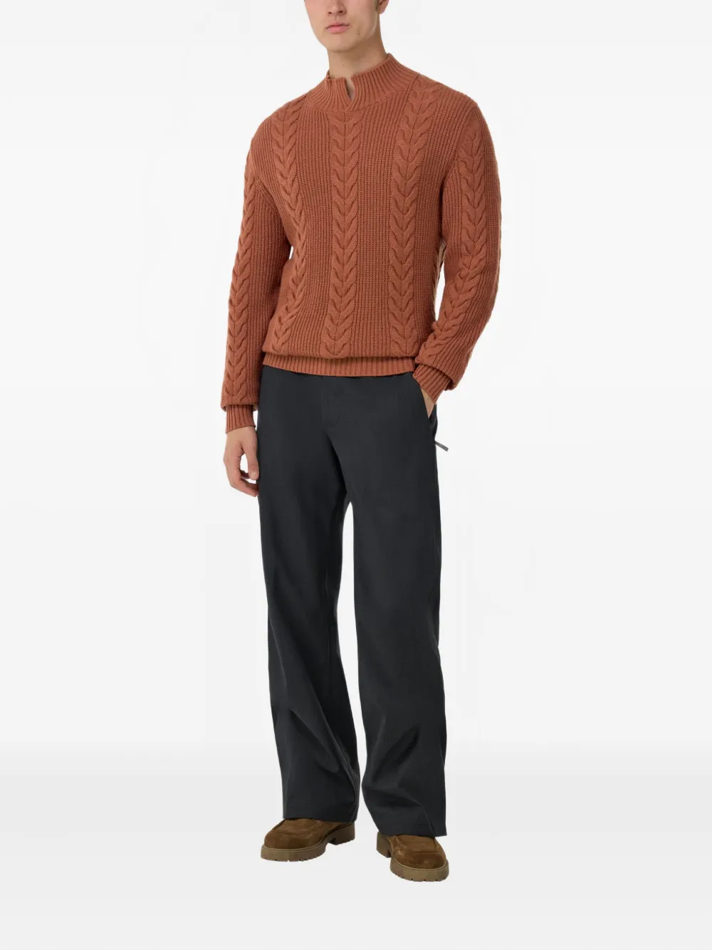 Boggi Milano Kabelgebreide trui met open hals - Bruin