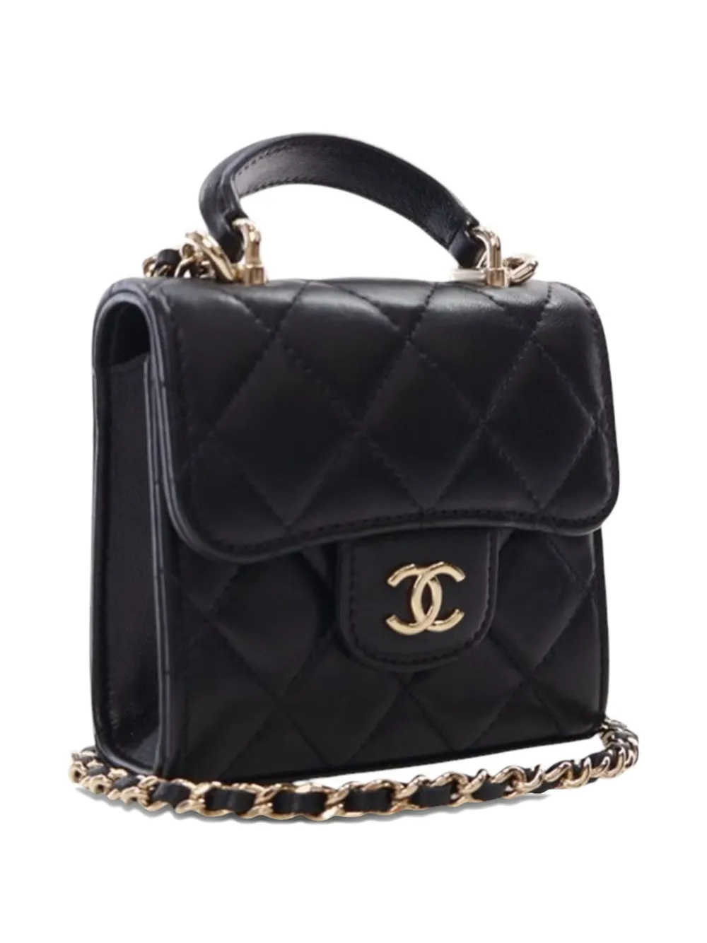 Pre-owned Chanel 2021-2025 Mini Cc Quilted Lambskin Top Handle Clutch With Chain Satchel In Black