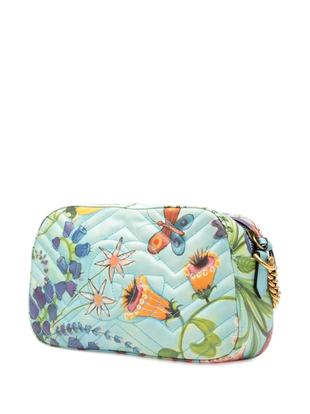 Pre-owned Gucci 2016-2025 Unskilled Worker Small Gg Marmont Matelasse Calfskin Flora Painted Crossbody Bag In Blue