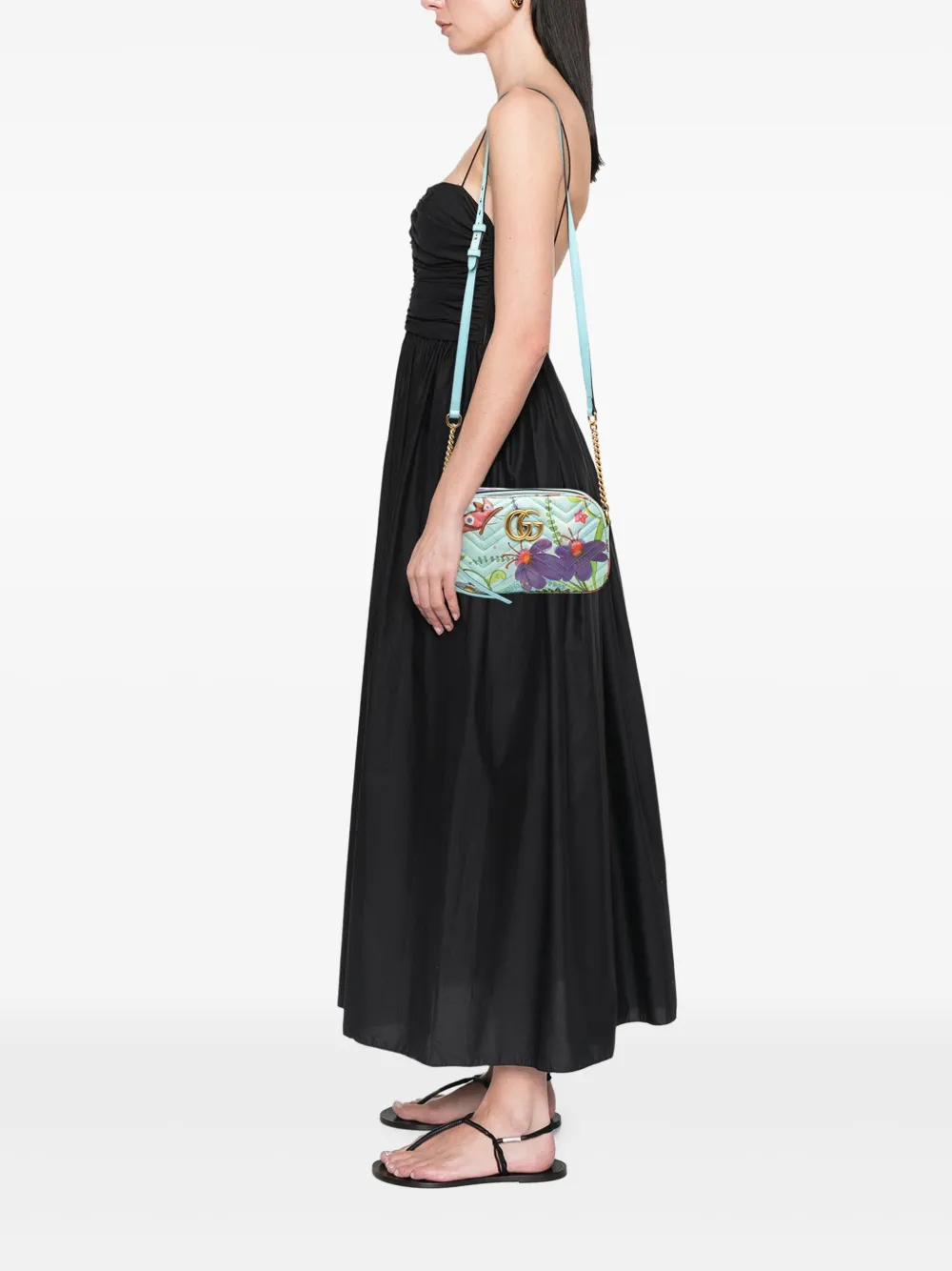 Pre-owned Gucci 2016-2025 Unskilled Worker Small Gg Marmont Matelasse Calfskin Flora Painted Crossbody Bag In Blue