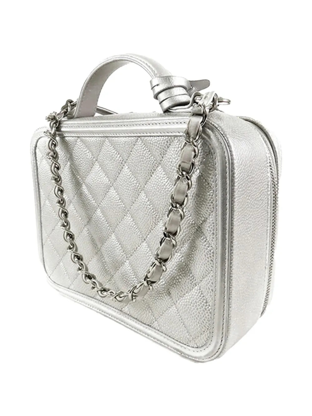 Pre-owned Chanel 2016-2017 Medium Caviar Cc Filigree Vanity Case Satchel In Silver