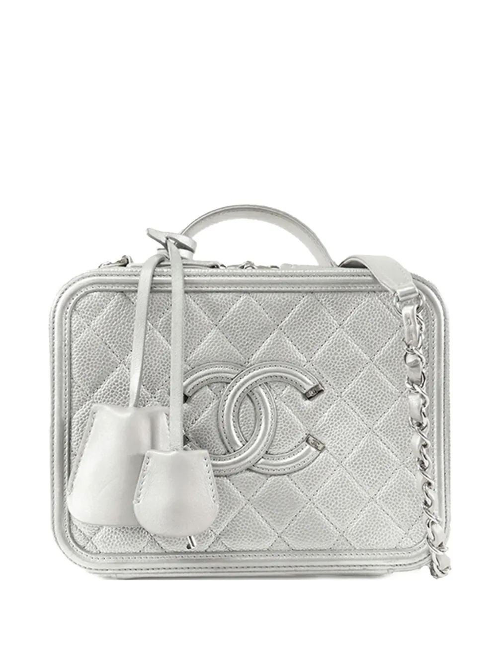 Pre-owned Chanel 2016-2017 Medium Caviar Cc Filigree Vanity Case Satchel In Silver