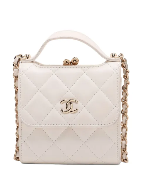 CHANEL Pre-Owned 2021-2025 Mini CC Quilted Lambskin Kiss Lock Frame Top Handle Clutch with Chain satchel