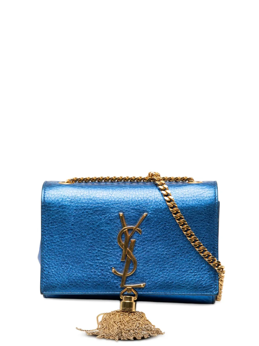 SAINT LAURENT Pre-owned 2014 Small Metallic Calfskin Monogram Kate Tassel Crossbody Bag In Blue