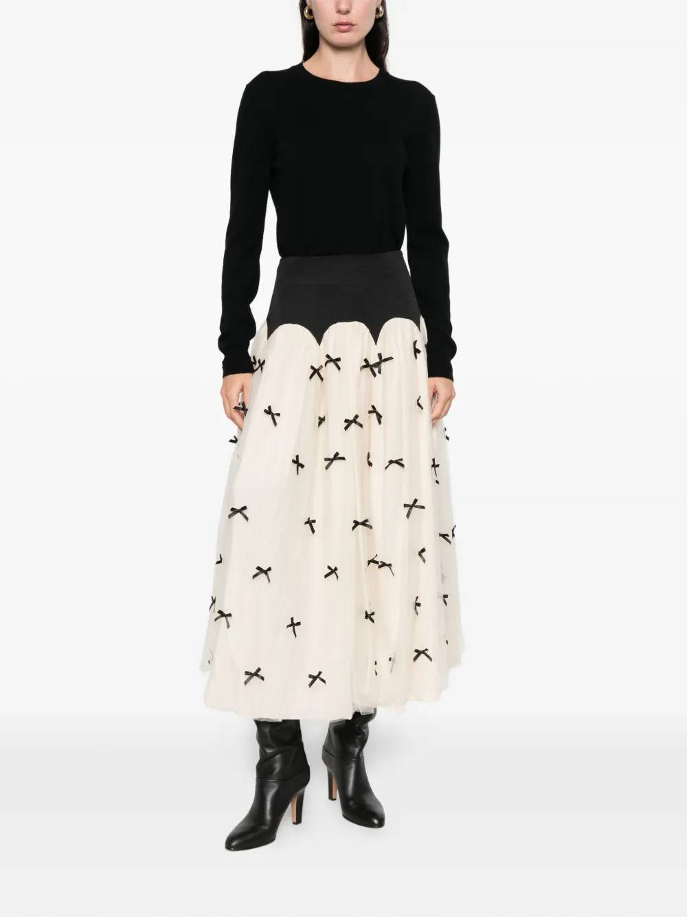 NEVER FULLY DRESSED Monika bow-appliqué midi skirt - Beige