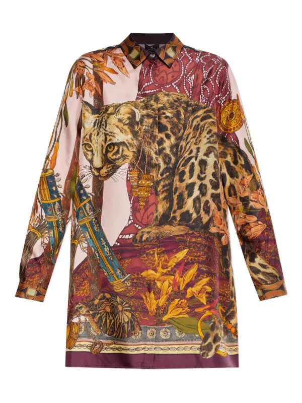 Etro Long Silk Shirt with Placed Leopard Print in Brown