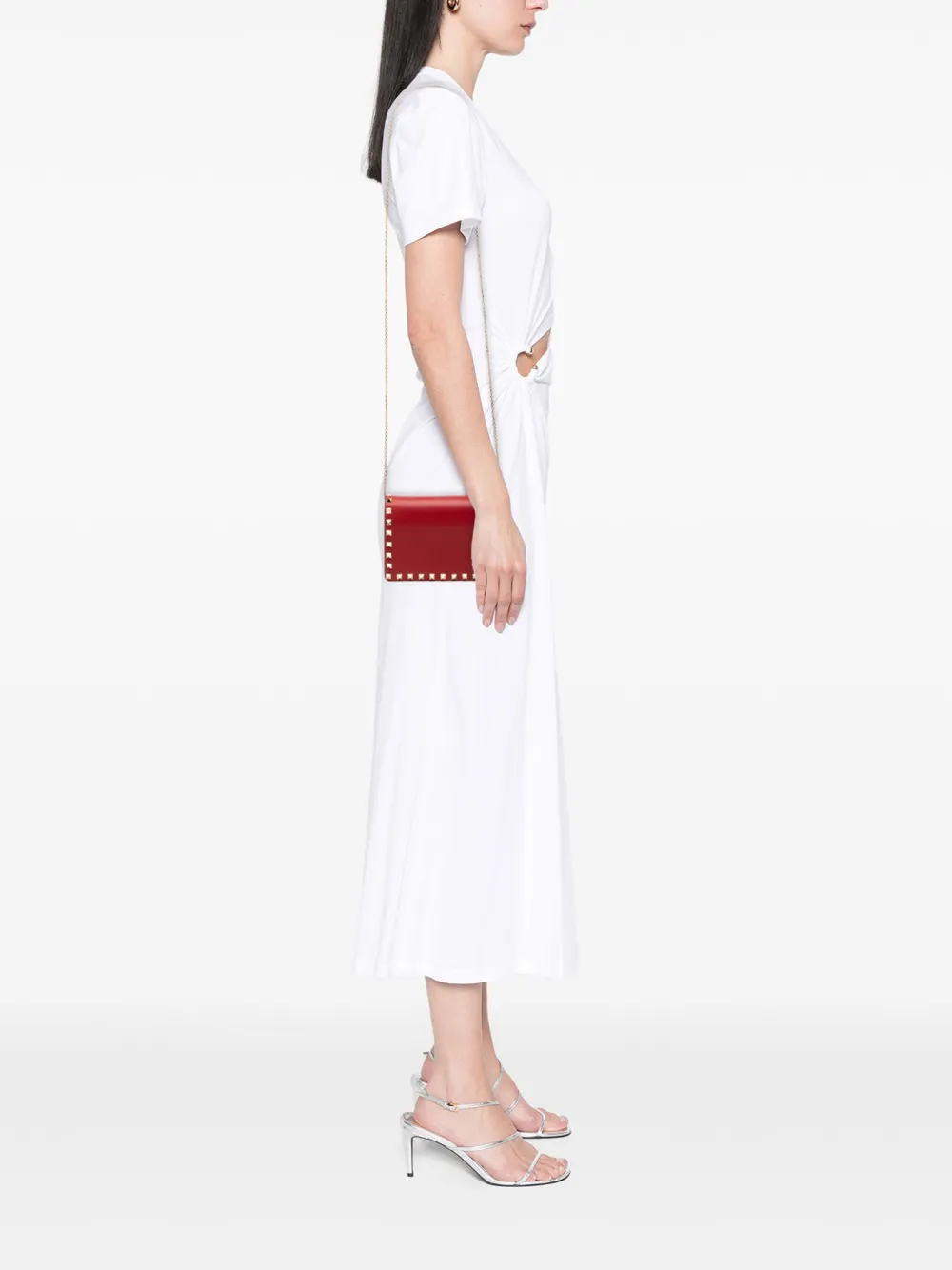 Pre-owned Valentino Garavani 2000-2017 Leather Rockstud Chain Pouch Crossbody Bag In Red