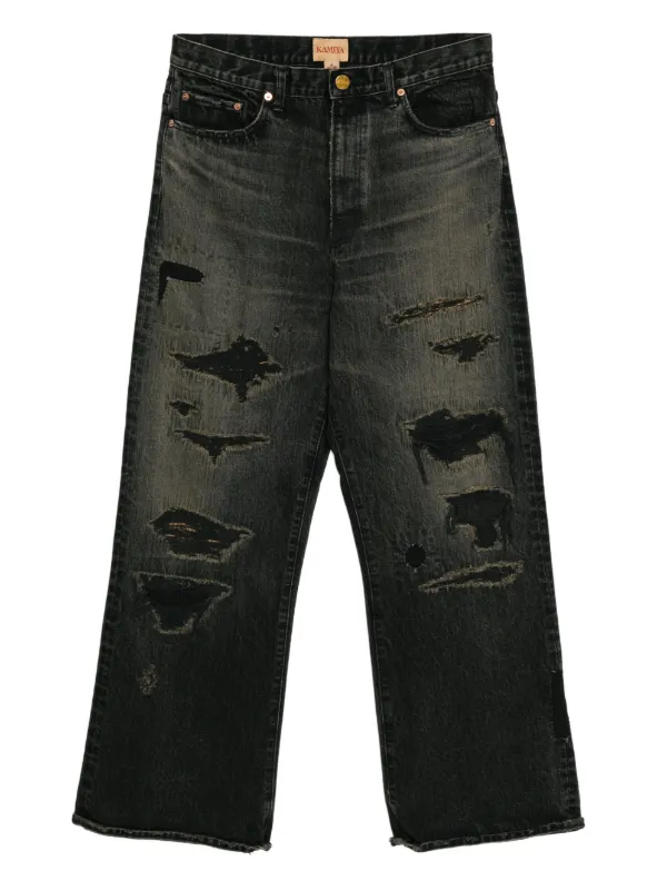 KAMIYA Wave Denim Pants　size M KAMIYA Distressed Denim Jeans | Black | FARFETCH JO