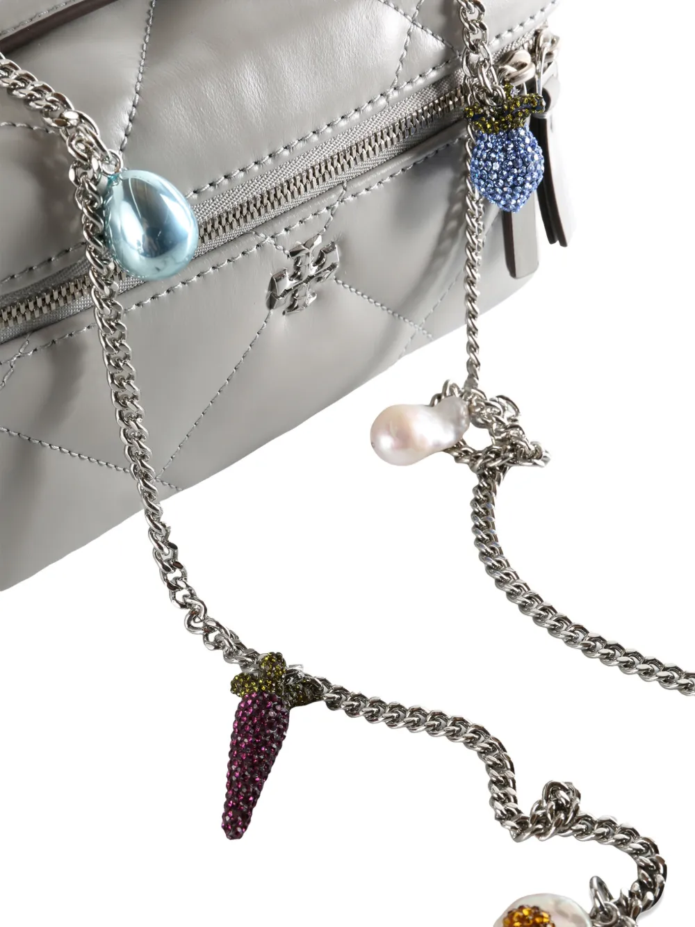 Tory Burch Kira Quilted Embellished-chain Cross-body Bag In Gray