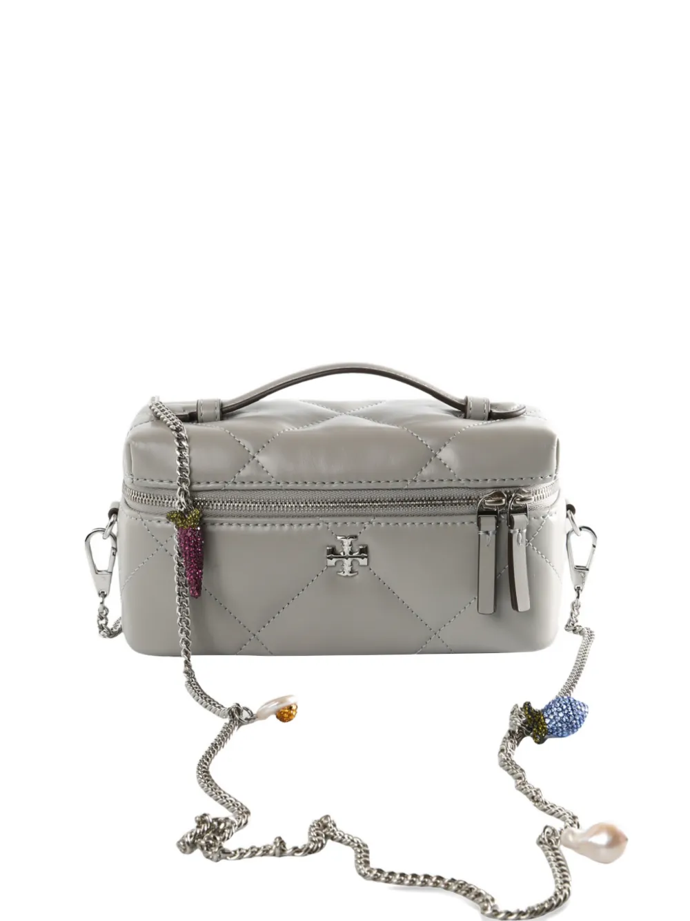 Tory Burch Kira Quilted Embellished-chain Cross-body Bag In Gray