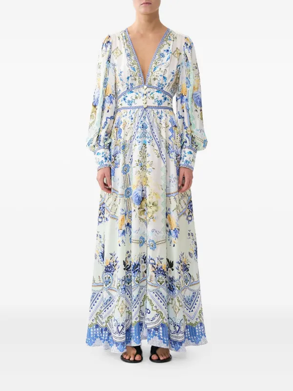 camilla blue dress Camilla Crystal-Embellished Floral-Print Silk-Satin Maxi Dress - Blue