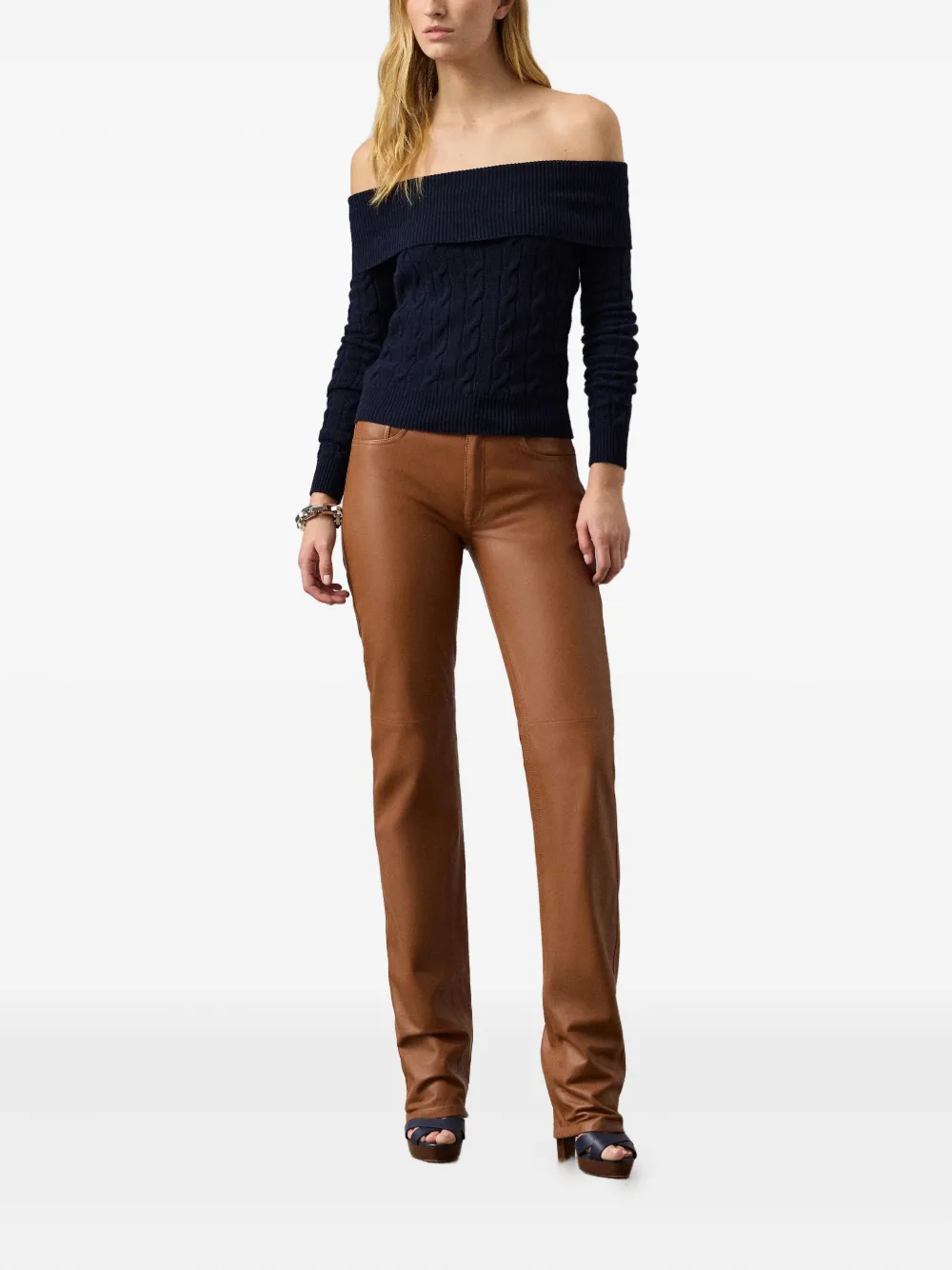 Ralph Lauren Cable-knit Off-the-shoulder Sweater In Blue