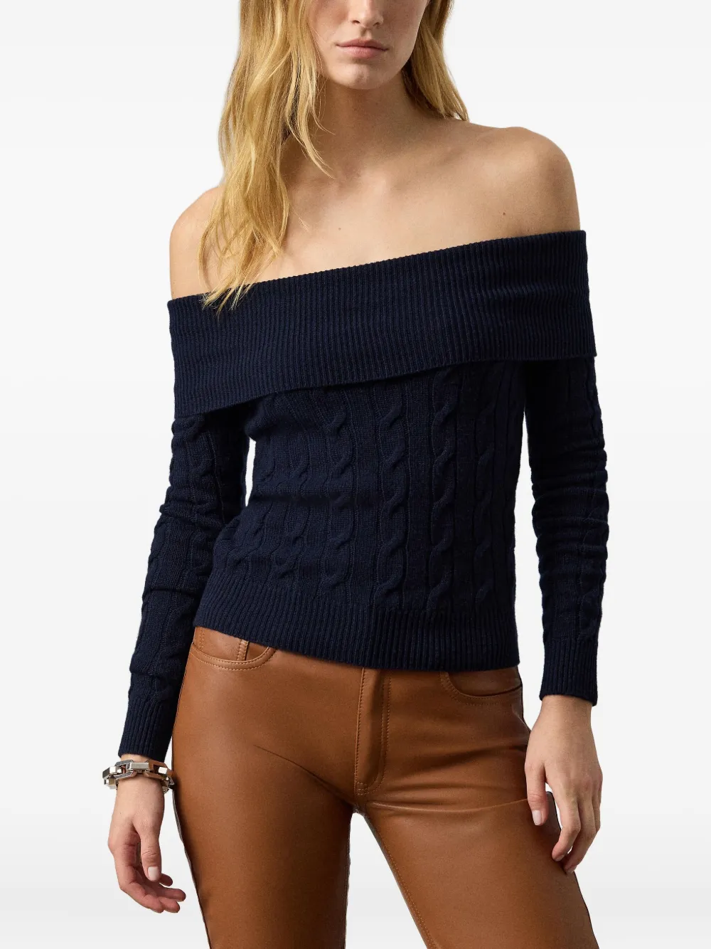 Ralph Lauren Cable-knit Off-the-shoulder Sweater In Blue