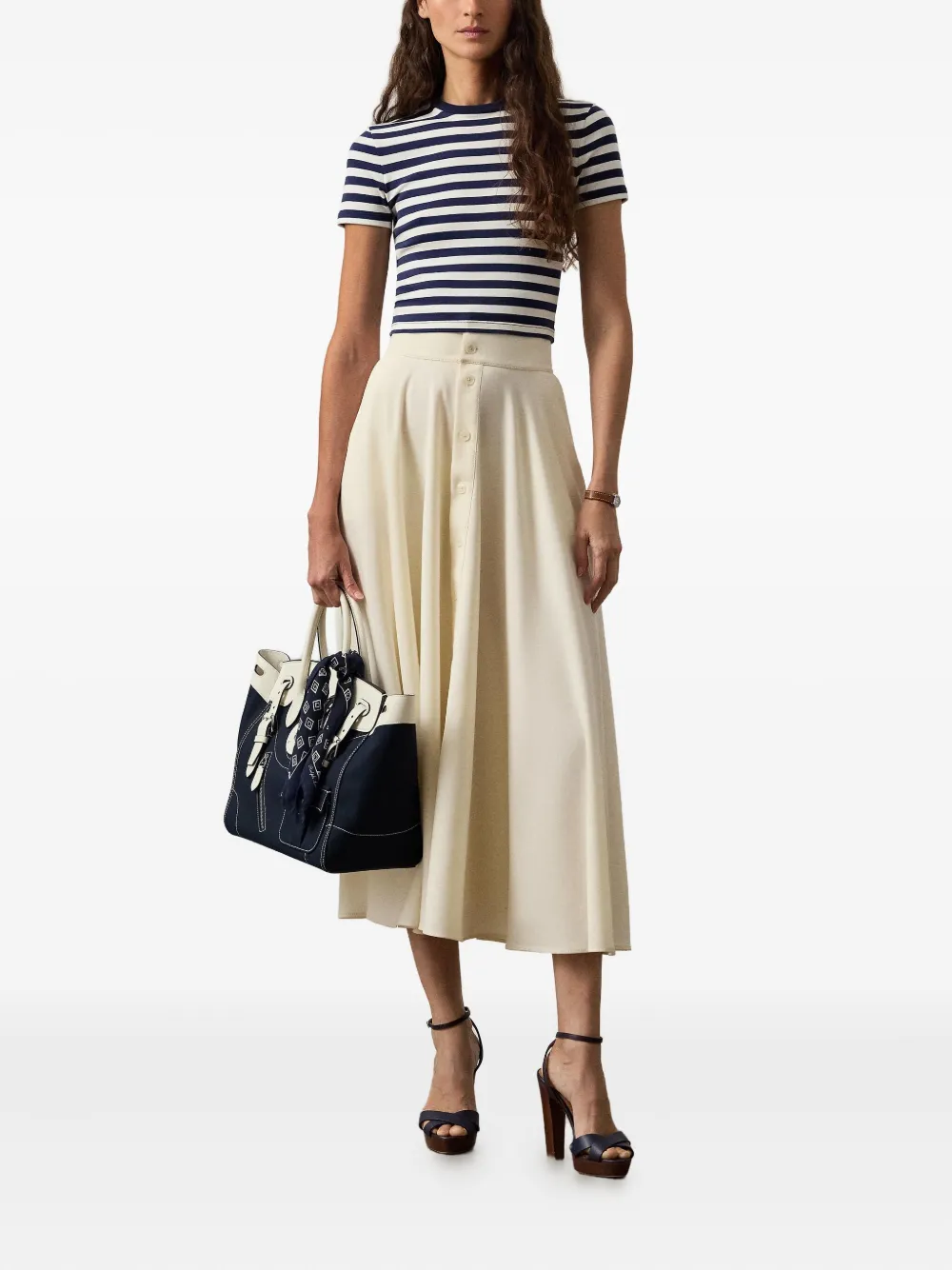 Ralph Lauren Lace-up Buttoned Midi A-line Skirt In Gray