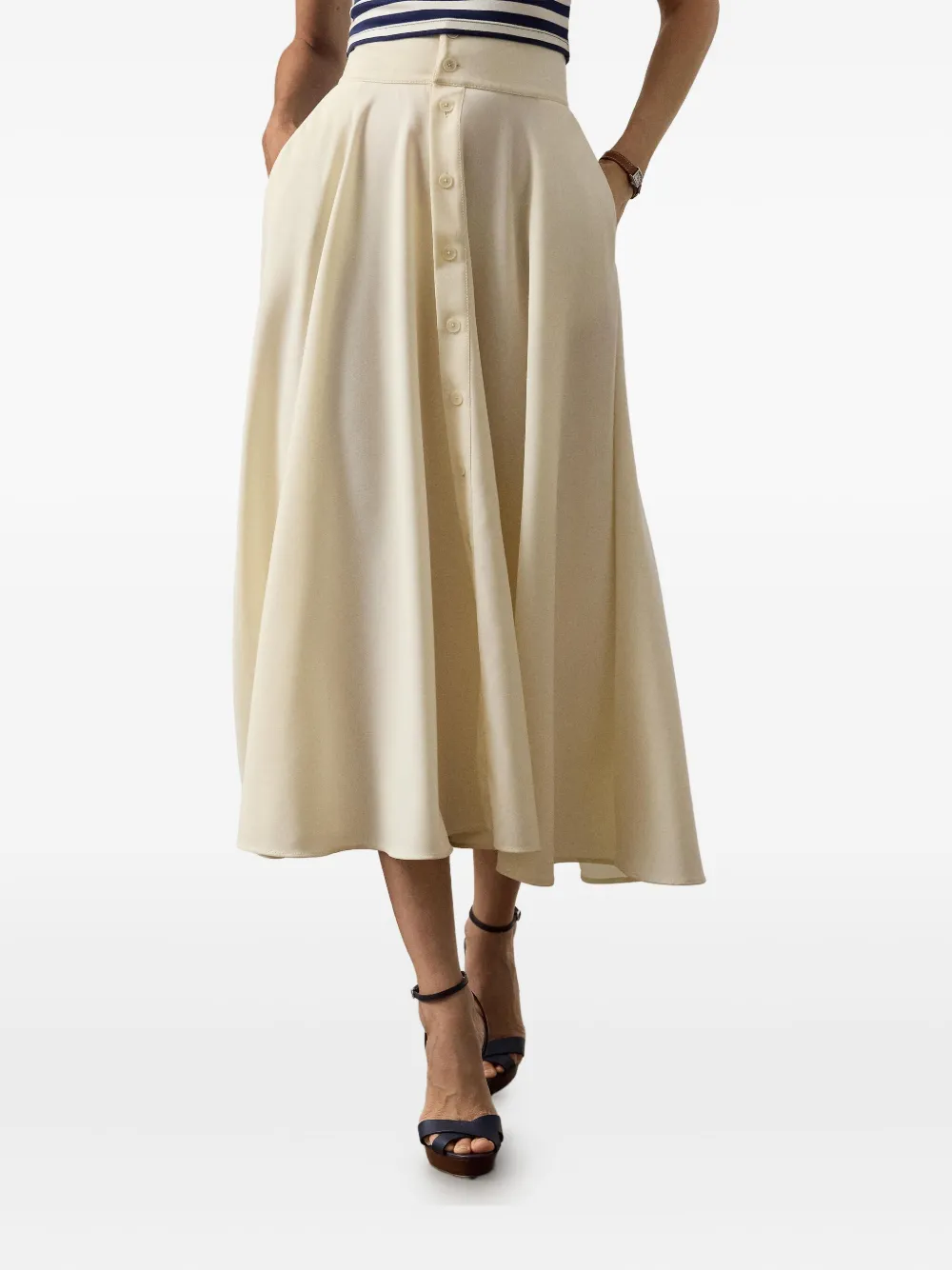 Ralph Lauren Lace-up Buttoned Midi A-line Skirt In Gray