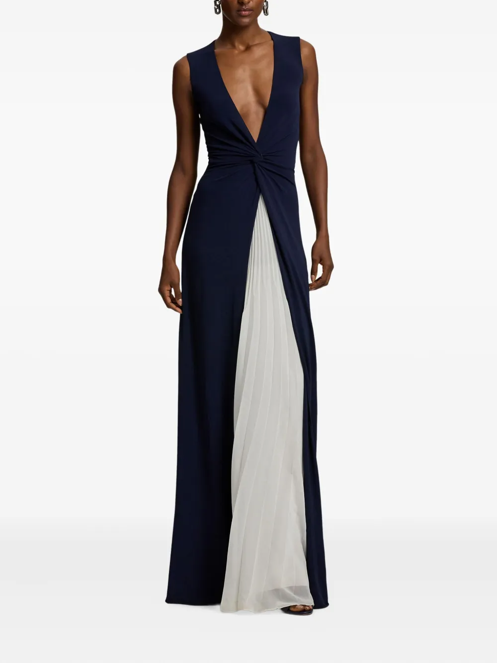 Ralph Lauren Twist Pleated Maxi Evening Dress In Blue