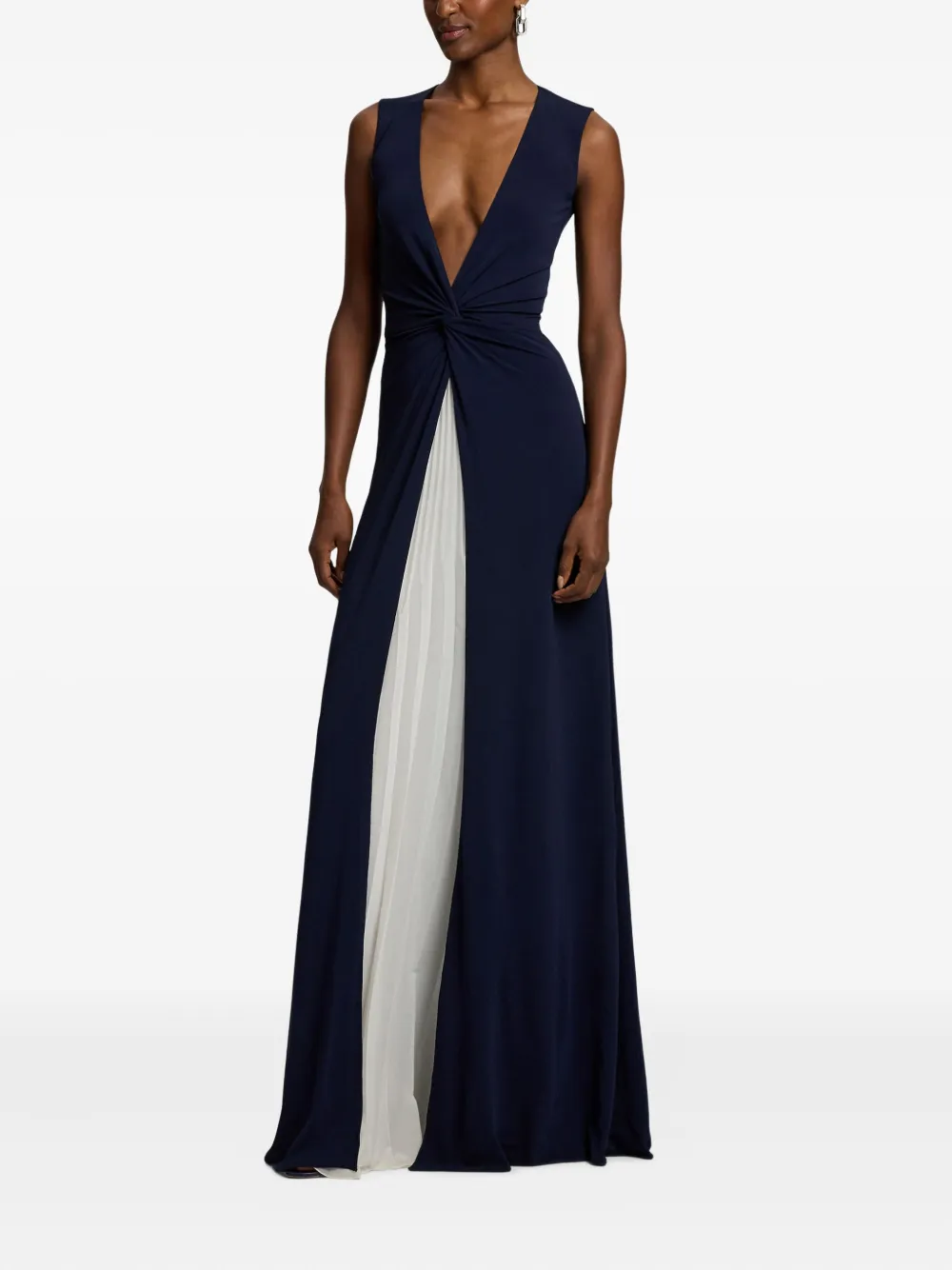 Ralph Lauren Twist Pleated Maxi Evening Dress In Blue